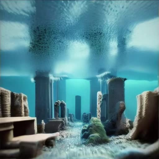 Sunken cityscape teeming with marine life, coral-encrusted ancient buildings, shoals of fish weaving through streets, bioluminescent jellyfish illuminating ruins, octopuses exploring crumbling architecture, green and blue hues dominating palette, reflective surfaces capturing light play underwater, lost world vibe, sense of mystery and discovery, 3D render, photorealistic, cinematic lighting, wide-angle lens, by James Gurney