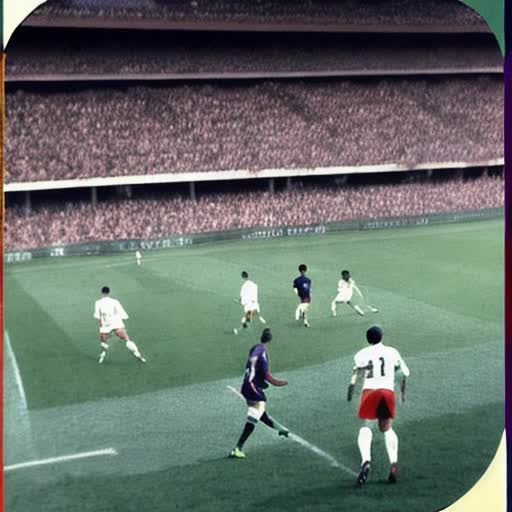 Pele scoring a spectacular goal against Barcelona, vintage football match ambiance, roaring crowd, 1970s kits, dynamic action shot, mid-kick precision, iconic number 10 jersey, nostalgic film grain, Saturated warm colors, rich green pitch, historical sports moment, high energy, by Neil Leifer, wide-angle view
