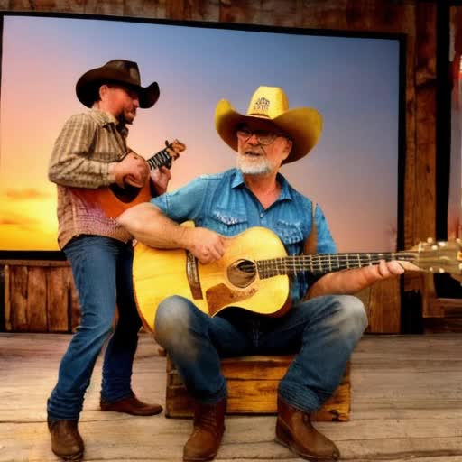 Two cowboys in Stetson hats, strumming steel-string acoustic guitars, rustic wooden stage with saloon backdrop, denim and leather attire, foot-tapping rhythm, heartwarming harmony, sunset glow, audience clapping in rhythm, dust swirling around boots, realistic animation, western music atmosphere, RAW color, golden hour lighting, intimate camera angle, by Ennio Morricone influence