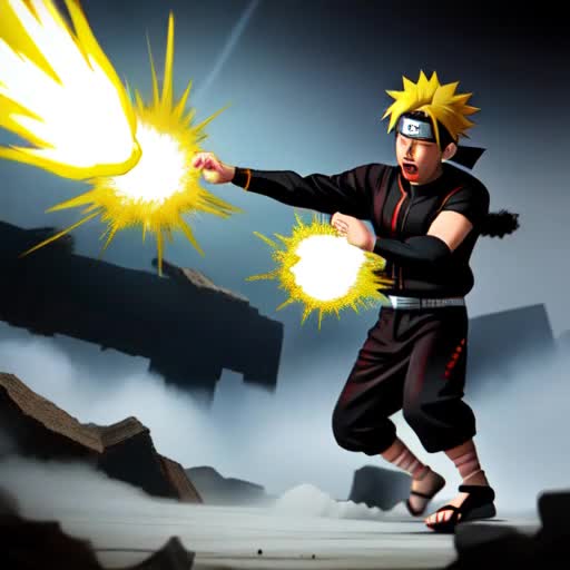 Intense battle scene, Naruto Uzumaki in midair, fierce expression, Rasengan in hand, chakra aura flaring, dynamic action, opponent recoiling with shock, debris flying, dust clouds, animated style, dramatic lighting, energy effects, camera switching angles to emphasize combat moves, high frame rate for fluid motion, by Masashi Kishimoto