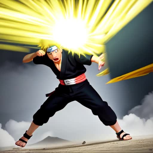 Intense battle scene, Naruto Uzumaki in midair, fierce expression, Rasengan in hand, chakra aura flaring, dynamic action, opponent recoiling with shock, debris flying, dust clouds, animated style, dramatic lighting, energy effects, camera switching angles to emphasize combat moves, high frame rate for fluid motion, by Masashi Kishimoto
