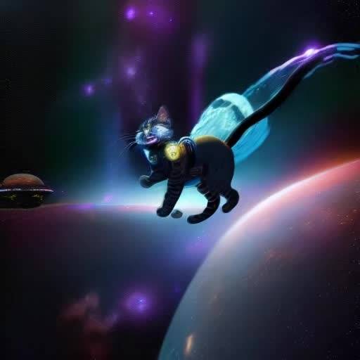 Cosmic feline, star-studded fur, nebulae whiskers, floating gracefully in zero gravity, sci-fi ambiance, intricate space suit with advanced technology, asteroid belt backdrop, Earth visible in distance, ethereal glow, shimmering stardust trail, deep space exploration theme, animated loop, smooth motion, by Moebius and Chris Foss