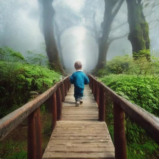 Child traversing old wooden suspension bridge, overgrown with ivy, misty forest background, rustic, tranquil atmosphere, cinematic wide-angle view, subtle movement of leaves and mist, high resolution 8k video, serene ambient soundtrack, by Studio Ghibli animation style