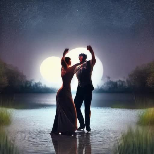 Graceful couple, dancing beside a Moonlit pond, epic fantasy, cinematic portrait 