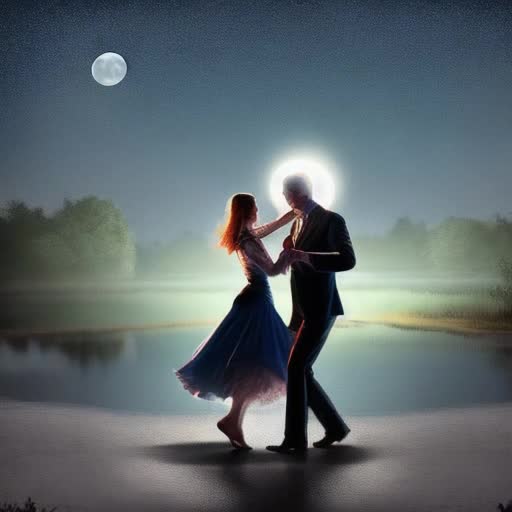 Graceful couple, dancing beside a Moonlit pond, epic fantasy, cinematic portrait 