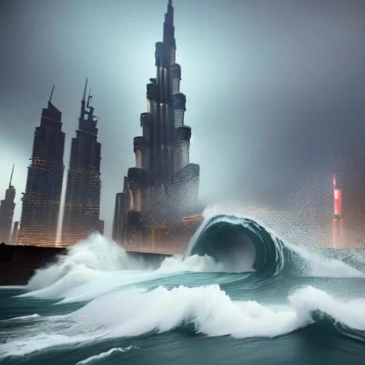 Gargantuan tsunami waves engulfing Burj Khalifa, post-apocalyptic cityscape, raging water, cascading debris, panic and destruction, emergency lights flickering, continuous shot, highly dynamic, cinematic 4K footage, high tension soundtrack, with VFX by Industrial Light & Magic, hyper-realistic animation, rendered in Unreal Engine