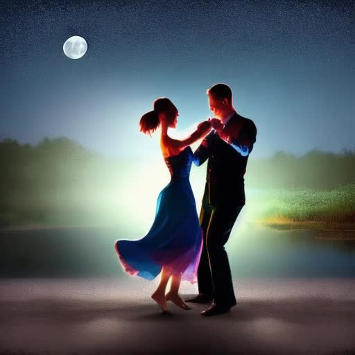 Graceful couple, dancing beside a Moonlit pond, epic fantasy, cinematic light, dynamic move 