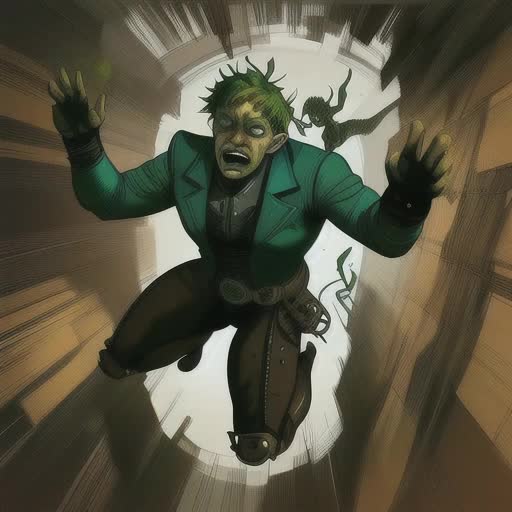 GreenMan became caught in the TimeHole , because he was crying during intent. He had been Steampunking before. He is a SuperHero. But this time, he went to jump, without being in control is his emotions.