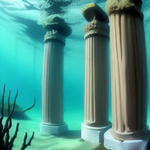 Underwater Greek columns with Trident covered in seaweed