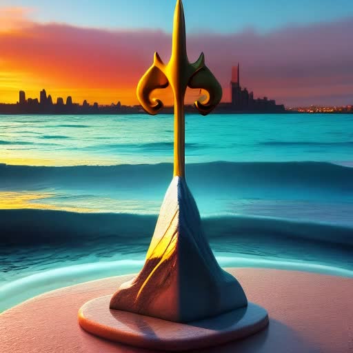 Atlantis rising from the ocean floor during sunset. A trident sits perched on some marble in the middle of the city.