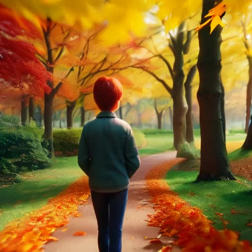 bonding moment, sunlit park pathway, autumn leaves fluttering, soft smiles, warm atmosphere, 4k resolution video, natural light, steady camera following from behind, candid and serene, subtle nostalgic filter