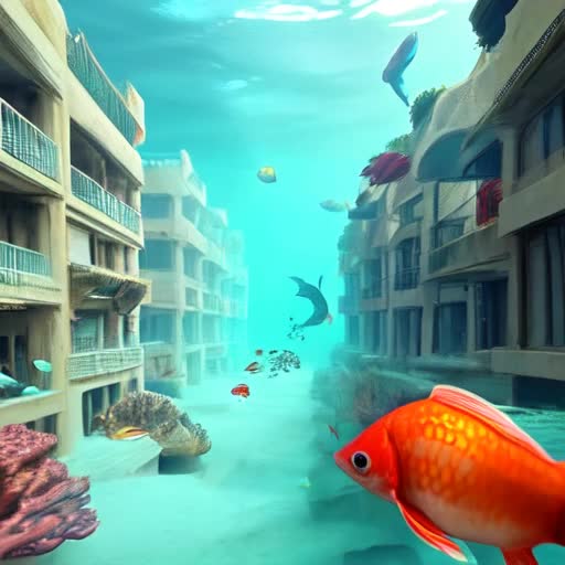 The underwater city of Atlantis with people walking back and forth between the buildings underwater completely underwater and hundreds of fish are swimming in and out of the buildings