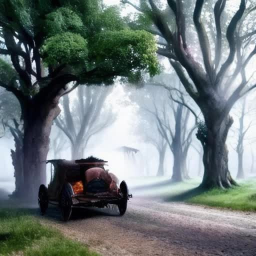Driver navigating through enchanted forest, medieval fantasy setting, towering ancient trees with magical glows, cobblestone pathway winding ahead, ornate, runic carriage, mystical fog rolling across landscape, dynamic motion, action-packed, ethereal ambiance, by Iain McCaig, concept art style, cinematic lighting, wide-angle moving shot, 4K fantasy adventure film scene