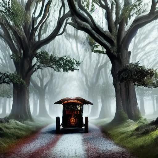 Driver navigating through enchanted forest, medieval fantasy setting, towering ancient trees with magical glows, cobblestone pathway winding ahead, ornate, runic carriage, mystical fog rolling across landscape, dynamic motion, action-packed, ethereal ambiance, by Iain McCaig, concept art style, cinematic lighting, wide-angle moving shot, 4K fantasy adventure film scene