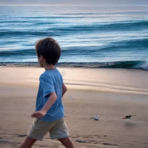 Boy strolling along seaside, gentle waves brushing shore, scattered seashells underfoot, distant sailboats, soft pastel sunset sky, relaxed and contemplative demeanor, casual summer attire, slow-motion, cinematic 24 fps, high-resolution 4K video, warm ambient lighting, subtle sound of ocean waves, seagulls calling, Dolby Atmos surround sound effect, continuous tracking shot