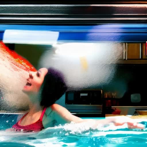Nada Smith, aspiring professional performer, cooking in a modern kitchen, taking driving lessons in a convertible, swimming gracefully in a sunlit pool, surrounded by positive affirmations, motivational atmosphere, continuous loop, 4K video resolution, artistic, spirited, cinematic tracking shots, slow-motion segments, uplifting background music