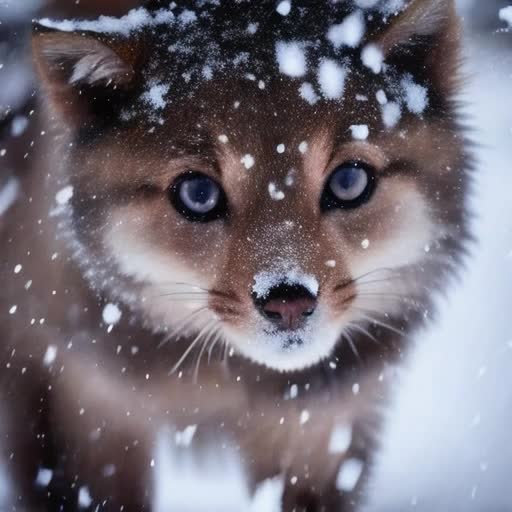 powdery snow, bright eyes shimmering with excitement, snowflakes dusting its fur, expression of curiosity, whimsical, high-definition, slow-motion video, soft ambient lighting, cinematic close-up shot