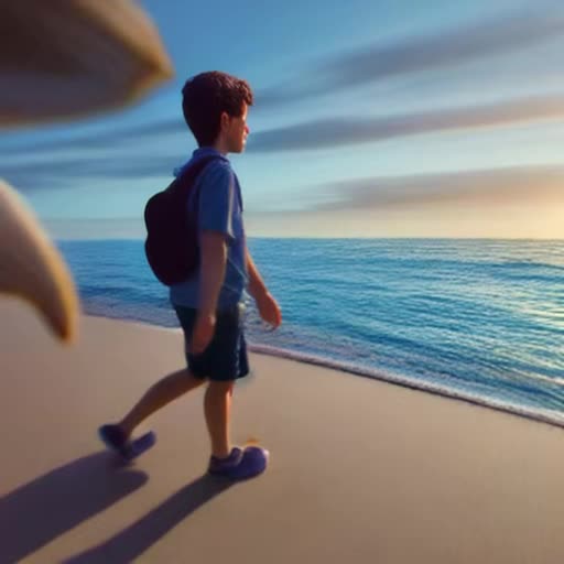 Teenage boy strolling seaside, brushed by gentle waves, underfoot seashells, horizon sailboats, soft pastel sunset ambiance, contemplative mood, casual summer fashion, slow-motion capture at cinematic 24fps, vivid high-resolution 4K, warm ambient sunset glow, immersive ocean and seagull sounds, Dolby Atmos effect, seamless continuous tracking, February atmosphere, captured by KKapil Chauhan, 789210 seed, realistic video style, 8fps to 24fps variable frame rate, text-to-video transformation