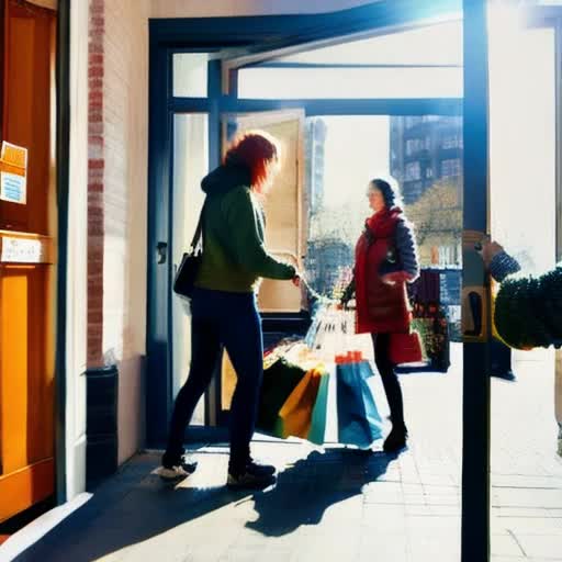 women receiving shopping delivery from attentive courier, multiple parcels of various sizes, exchange by front door, warm friendly interaction, city life, early morning light, contemporary setting, hyper-realistic, wide-angle view, cinematic feel, motion blur to suggest activity