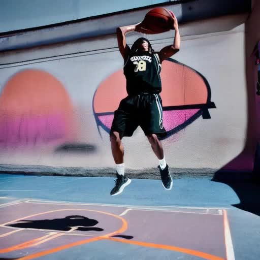 Athletic man performing a dynamic slam dunk on a gritty urban basketball court, mid-motion capture, high energy action, detailed textures of basketball and streetwear, urban graffiti art on background walls, intense sunset casting long shadows and dramatic highlights, with the aesthetic of a Nike commercial, photographed in an 8K resolution, portrait orientation