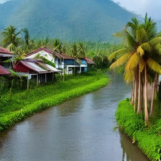 A beautiful village surrounded with dense forest. A free flowing river with coconut trees on it's bank. Farmers farming their farmlands.