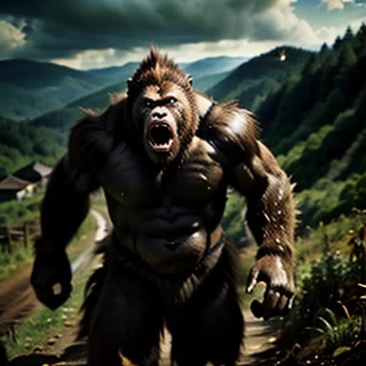 Furious sasquatch surging over hill crest, head and torso, Appalachian rural backdrop, long strides, earth-shaking roar, leaves trembling, rising dust trail, cinematic epic, high drama, horror atmosphere, slow-motion capture, continuous shot