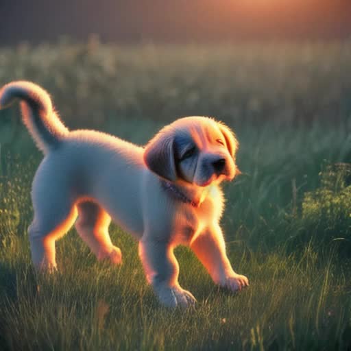 Bioluminescent puppy frolicking in a moonlit meadow, soft fur emitting gentle radiant light, playful stance, dusk setting, warm ambient lighting, creating a magical atmosphere, 4K cinematic video, whimsical yet lifelike animation
