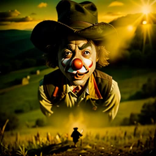 weird circus clown with a dirty brown mouth at dusk in a cow pasture eating a cowpile on his knees, appalachian countryside, cinematic style, surreal and bizarre with an element of horror, single shot