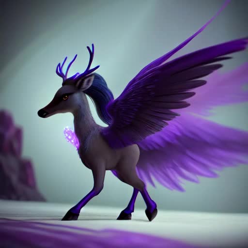 regal deer appearance, soft purple glow, pegasus-feathery wings, tufted deer tail, wolf legs, black claws, aura, shimmering purple crystal particles, Enderman mob-inspired, Streegens awe-struck, cinematic epic realism, extremely high quality high detail RAW photo, 8K resolution, side angle, low angle perspective, natural lighting, spotlight effect, majestic mystical cave setting
