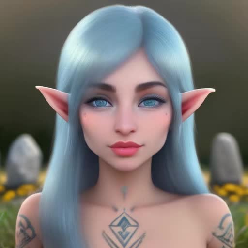 photographic,extremely high quality high detail RAW photo,Soul Healer Alpha rendering,global illumination,Volumetric lighting,no ugly face , no glitches,no extra limbs,no deformities,hyper - detailed photo,Feminine adult elfin long elf ears in ancient stone circle in a meadow ancient body tattoos Diamond Face, Almond Eyes, eyecolors blue, straight nose, full lips, flat cheeks, square chin vibrant colors