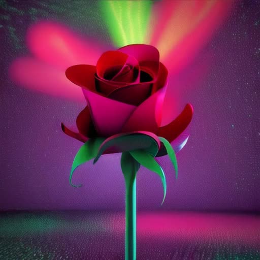 Futuristic 4D large spinning bright red rose, neon highlights, cybernetic enhancements, floating petals with holographic effects, shimmering particles surrounding, metallic thorned stem, rotating smoothly against a dark, starry void, intricate detail, hyper-realistic render, slow-motion twirl, by Beeple and Daniel Wurtzel, rendered in Unreal Engine
