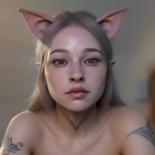 photographic,extremely high quality high detail RAW photo,Soul Healer Alpha rendering,global illumination,Volumetric lighting,no ugly face , no glitches,no extra limbs,no deformities,hyper - detailed photo,Feminine adult elfin long elf ears Circular Face, Sloped Eyes, eyecolors Violet, Nose with an Awkward Bump Shape, protruding lower lip, flat cheeks, soft chin vibrant colors tribal tattoos 