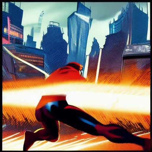 Homelander and Omni-Man locked in an epic battle, superhuman strength clashing, velocity blur, debris filled cityscape arena, dystopian skyline, intense fight scene, photorealistic, comic book aesthetic, high-stakes tension, dynamic angle, by Alex Ross and Ryan Ottley, dramatic lighting, somber mood, rendered in ultra HD