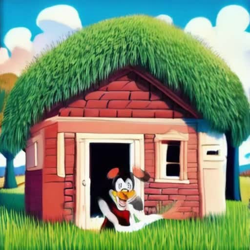 animated, expressing distinct personalities, comedic interaction, straw house, stick house, brick house in the background, sunny day, lush green meadow, playful atmosphere, cartoonish style, dynamic poses, by Walt Disney and Tex Avery
