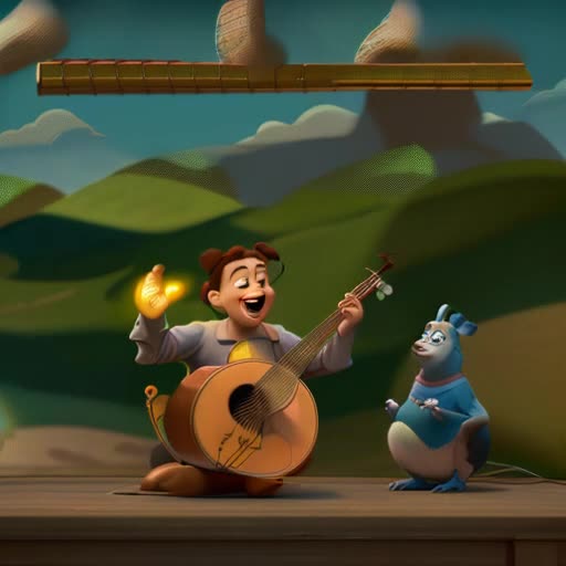 Animated children's nursery rhymes, joyous animal characters playing musical instruments, whimsical, looped video, 2D traditional cell animation, exaggerated expressions, by Disney and Pixar, cheerful lighting, background of fairytale countryside, musical notes visible in the air