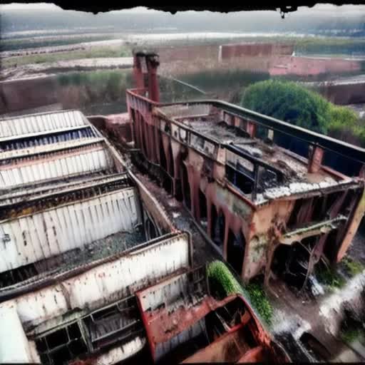 Decaying industrial steel mill, rusted machinery, conveyor belts halted, empty warehouses, forlorn workers, overgrown with nature, economic downturn, timelapse of abandonment, muted earthy tones, industrial collapse, dystopian atmosphere, narration on industry challenges, 4K drone shots, desolate urban landscape
