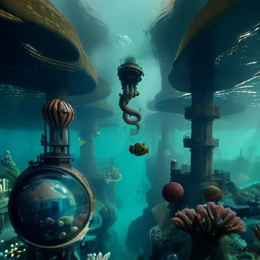 A gorgeous underwater steampunk City lots of pipes and tubes spheres and aquatic Life and coral present super City buildings underwater