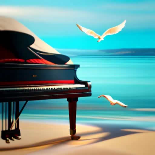 Singer at grand piano on sandy beach, performing 'Let It Go' from Disney's Frozen, crystal blue skies, flocks of birds in flight, gentle sea waves, warm, ambient sunlight, tranquil, peaceful atmosphere, cinematic film scene, 4K footage