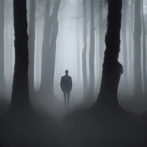 anxious figure standing on edge of misty forest at twilight, expression of foreboding, shadowy trees enveloped in fog, heart visible through chest beating rapidly, visual metaphor for fear, suspenseful atmosphere, high-tension scene with suspenseful soundtrack, 4K cinematic video, low-key lighting, wide-angle shot, camera slowly zooming in, by Roger Deakins