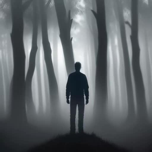 anxious figure standing on edge of misty forest at twilight, expression of foreboding, shadowy trees enveloped in fog, heart visible through chest beating rapidly, visual metaphor for fear, suspenseful atmosphere, high-tension scene with suspenseful soundtrack, 4K cinematic video, low-key lighting, wide-angle shot, camera slowly zooming in, by Roger Deakins
