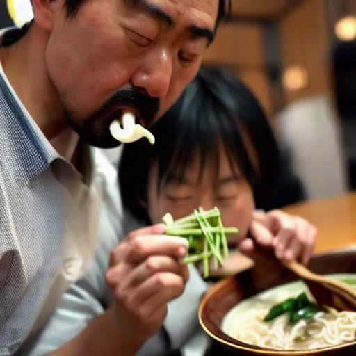 Man slurping ramen with chopsticks, close-up, noodles twisting and tangling, steam escalating, Japanese kitchen backdrop, detailed facial expression of satisfaction, umami-rich broth glistening, bamboo spoon, garnished with green onions, soft diffused lighting, intimate ambiance, cinematic slow-motion, 4K video, by Akira Kurosawa-inspired storytelling