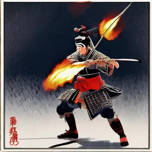 Samurai in mid-action deflecting flaming arrows, dynamic pose, traditional armor glinting, intense focus, enflamed battlefield background, eerie dusk light casting long shadows, palpable tension, animated style, by Utagawa Kuniyoshi, animated sequence, 4K resolution