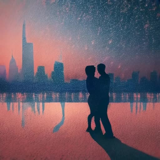 Romantic couple silhouette, ethereal, warm orange and pink hues, distant city skyline backdrop, twinkling stars emerging, cinematic slow-motion effect, soft focus, elements of magical realism, by Makoto Shinkai and Nicholas Sparks-inspired narrative, 4K video quality