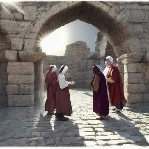 Inspirational biblical scene, Hebrews 13:16, altruism in action, diverse group of people helping one another, sharing resources and support, ancient Middle Eastern setting, traditional Hebrew garments, expressions of joy and unity, ancient stone architecture, sunlit with soft shadows, flowing animation, weathered parchment texture overlay, period-accurate props and background, by Gustav Doré