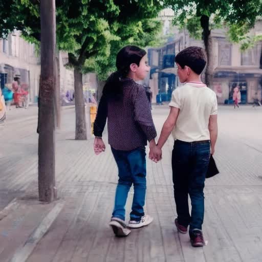A girl and boy looking with love into each other's eyes and walking on street while catching each other's hands
