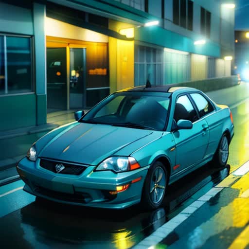 Photographic, extremely high quality high detail RAW photo, motion blur, illuminated headlights casting long beams, sleek design, asphalt road wet from recent rain reflecting lights, dynamic angle, cool gray paint glistening, urban skyline in the background, soft bokeh streetlights, by Andreas Hempel