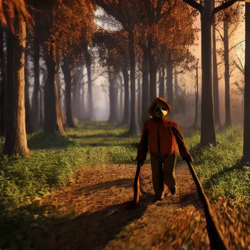 Scarecrow ambulating through dense forest, gnarled stick in hand, amidst tall, whispering trees, orange-tinted sunset filtering through foliage, long shadows, atmosphere of mystery, sense of movement, rustic, autumnal, eerie silence broken only by the rustle of leaves, 8K resolution video, seamless loop, by Tim Burton
