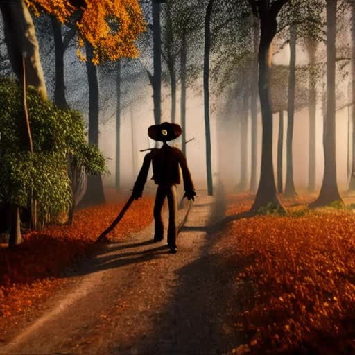 Scarecrow ambulating through dense forest, gnarled stick in hand, amidst tall, whispering trees, orange-tinted sunset filtering through foliage, long shadows, atmosphere of mystery, sense of movement, rustic, autumnal, eerie silence broken only by the rustle of leaves, 8K resolution video, seamless loop, by Tim Burton
