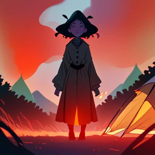 Scarecrow ambles into campfire-lit campsite, twilight sky aflame with orange and purple hues, long scarecrow shadow stretching over scattered tents, flickering flames casting dynamic lighting, tranquil yet eerie atmosphere, rustling leaves in gentle breeze, wide-angle view, dynamic, cinematic sequence, timelapse from golden hour to dusk