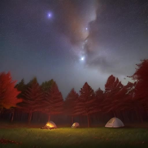 star-filled night sky overhead, ethereal beauty, scenic forest campsite, gentle flicker of firelight casting shadows, peaceful ambiance, Milky Way visible, shooting stars occasionally streaking, whisper of night breeze rustling through autumn leaves, cinematic timelapse, 4K resolution video, by Greg Rutkowski and Thomas Kinkade